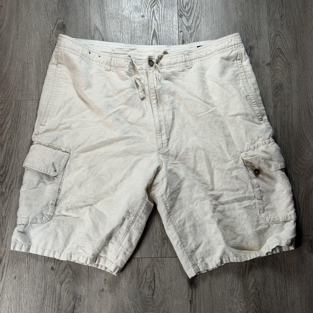 Claiborne Cargo Shorts Mens XL Beige Linen Blend Coastal Relaxed Fit Beach